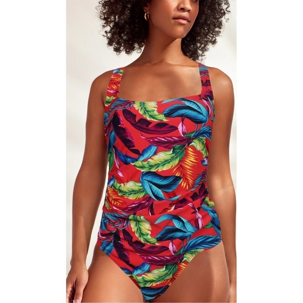 Caribbean Joe Tropical Print One Piece Swimsuit Criss Cross Back Sz 12 NWT‎ $108